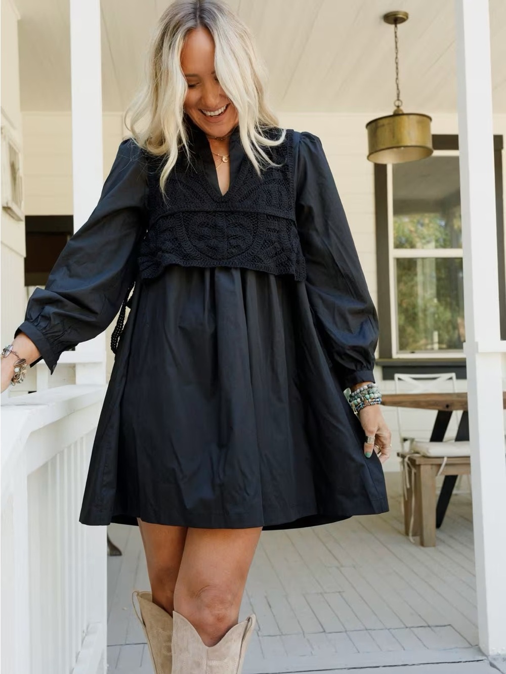 Black Long-Sleeve Crochet Vest Tunic dress